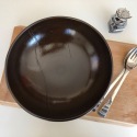 Embossed satin salad bowl - brown stoneware - 29 cm - handmade • Cocoa