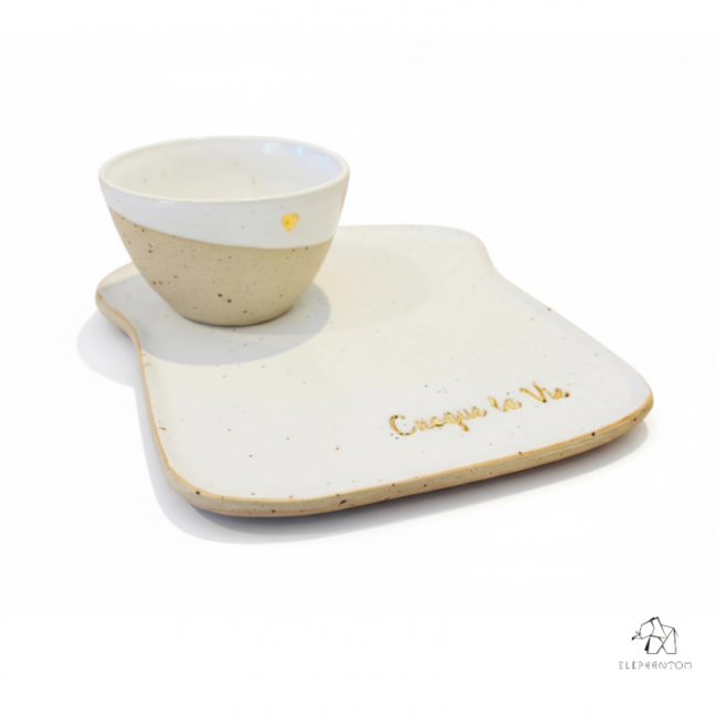 Coffret cadeau grande assiette "Croque la Vie" et soon petit bol coeur - Grès pyrité - Fait main • Grains de folie