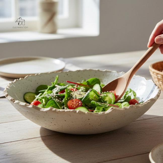 Grand saladier bord craquelé – Grès pyrité crème • Création artisanale