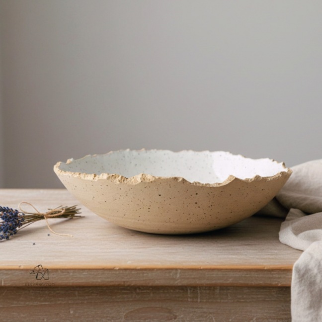 Grand saladier bord craquelé – Grès pyrité crème • Création artisanale