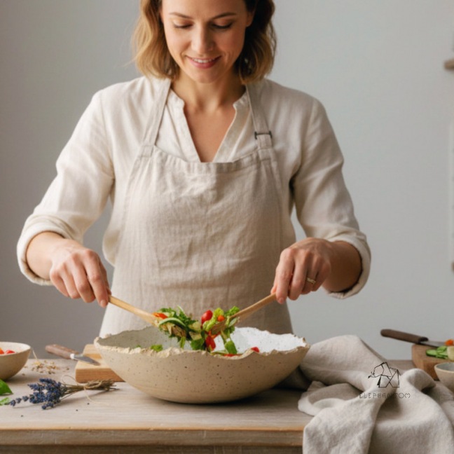 Grand saladier bord craquelé – Grès pyrité crème • Création artisanale