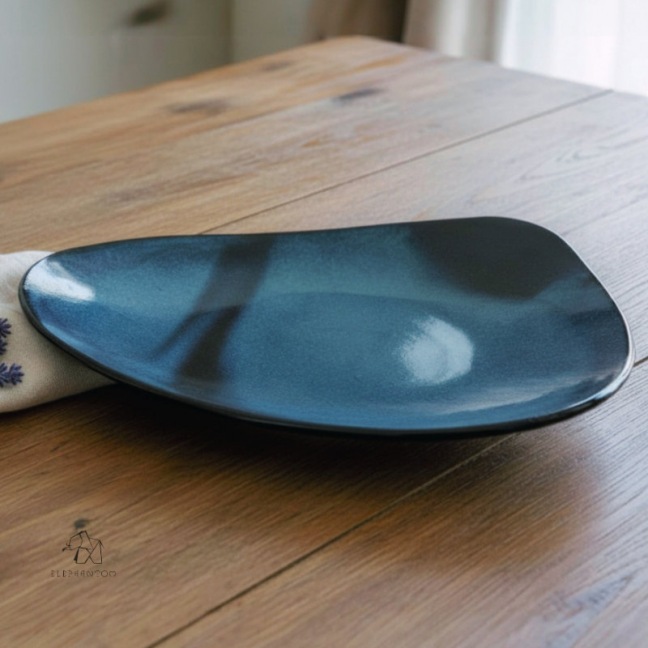 Grand plat de fête Bleu 40 cm - Grès pyrité • Création artisanale Céleste