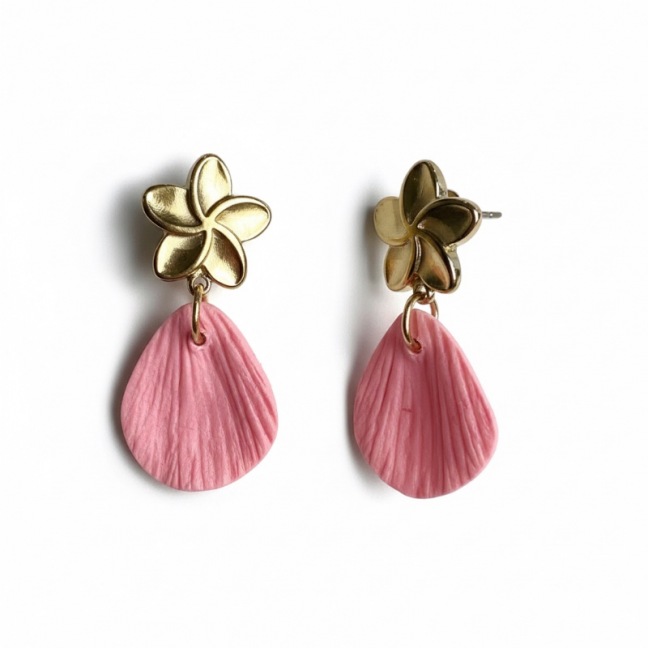 Boho - Clou d'oreille et pétale rose poudré • Bijou en porcelaine
