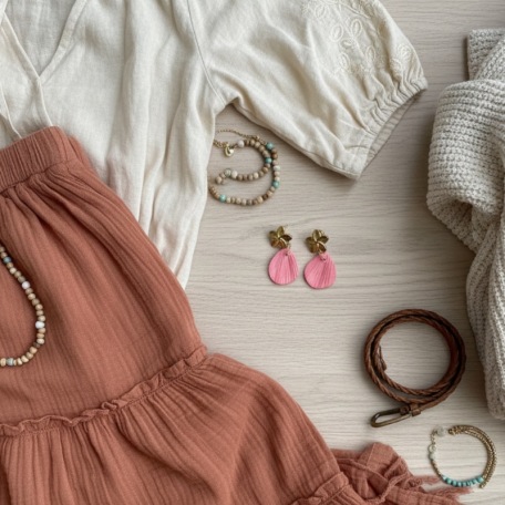 Boho - Clou d'oreille et pétale rose poudré • Bijou en porcelaine