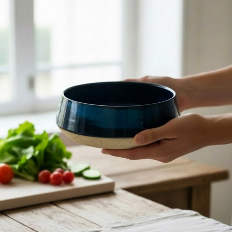 Saladier Bleu - 21 cm - émail bleu - Grès pyrité - Pièce unique faite main • Céleste