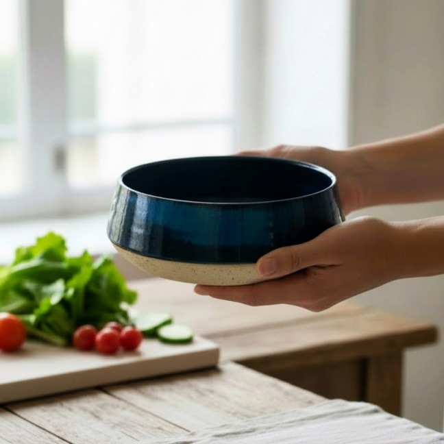 Black stoneware salad bowl - 15 cm - 100% handmade - Unique item • Basalt