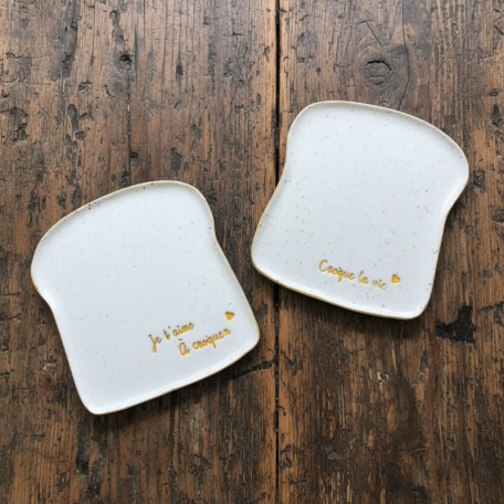 Duo d’assiettes tartine - “Croque la vie” & “Je t’aime à croquer” - Grès pyrité - Fait main • Grains de folie