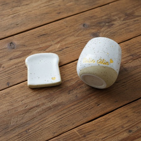 Ensemble tasse “Matin câlin” + soucoupe tartine petit cœur - Grès pyrité - Fait main • Grains de folie