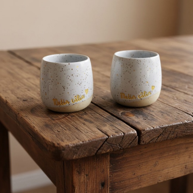 Ensemble tasse “Matin câlin” + soucoupe tartine petit cœur - Grès pyrité - Fait main • Grains de folie