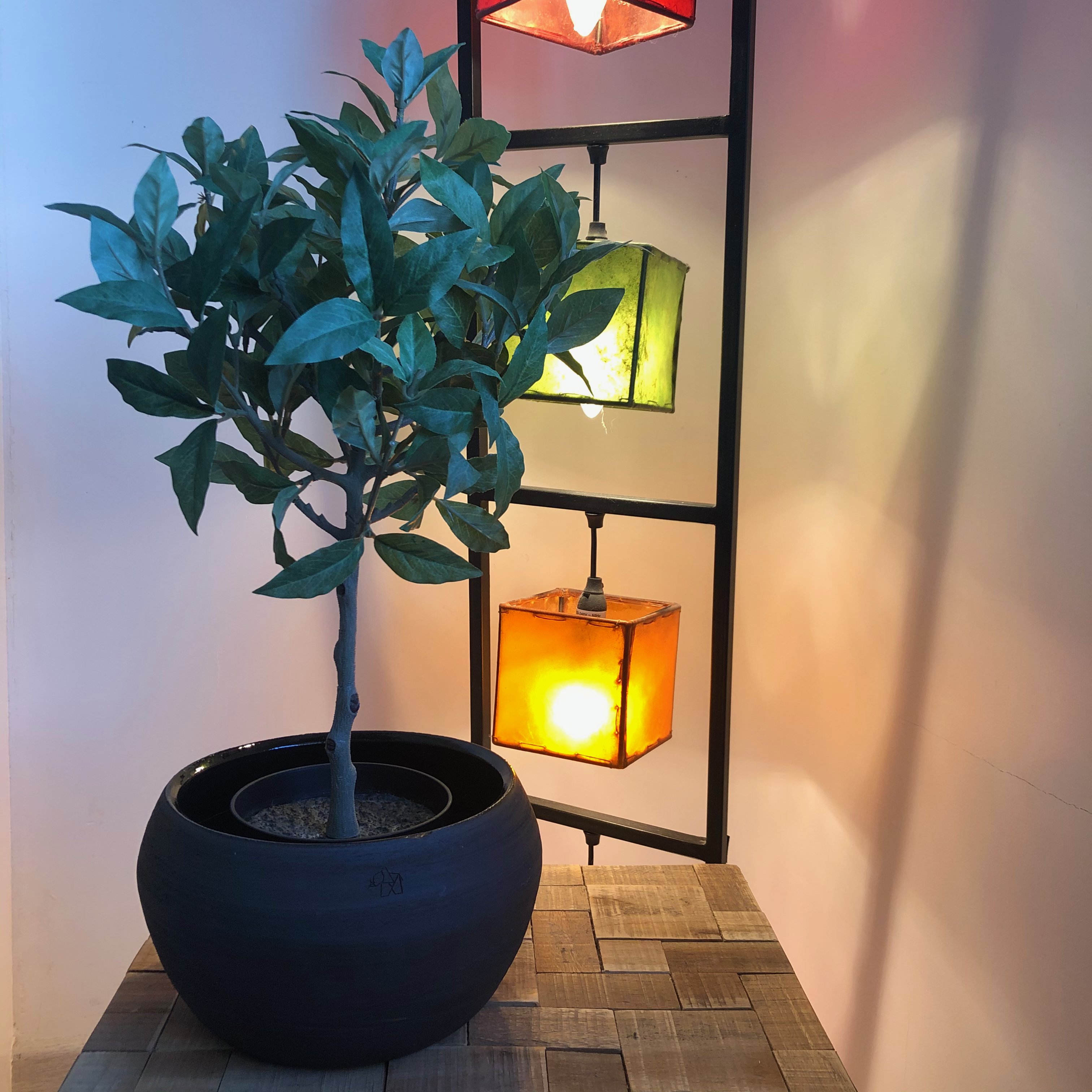 Porte-plantes en teck & cache-pot en terre cuite